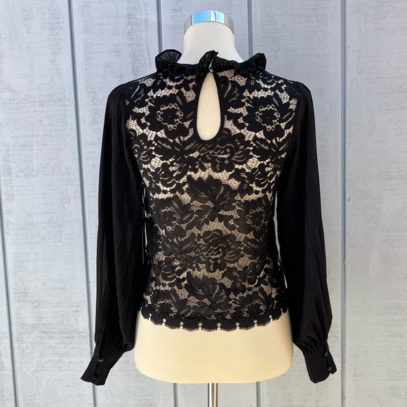 Story On Pleated Sleeve Lace Blouse Top Sheer Black See-Through - Picture 3 of 11